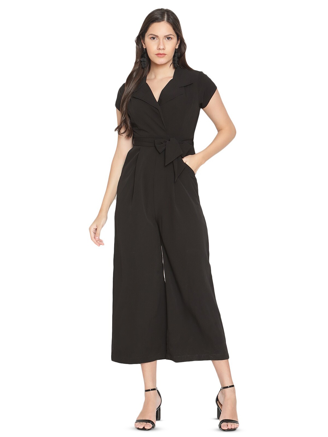 

THREAD MUSTER Shirt Collar Waist Tie-Ups Jumpsuit, Black
