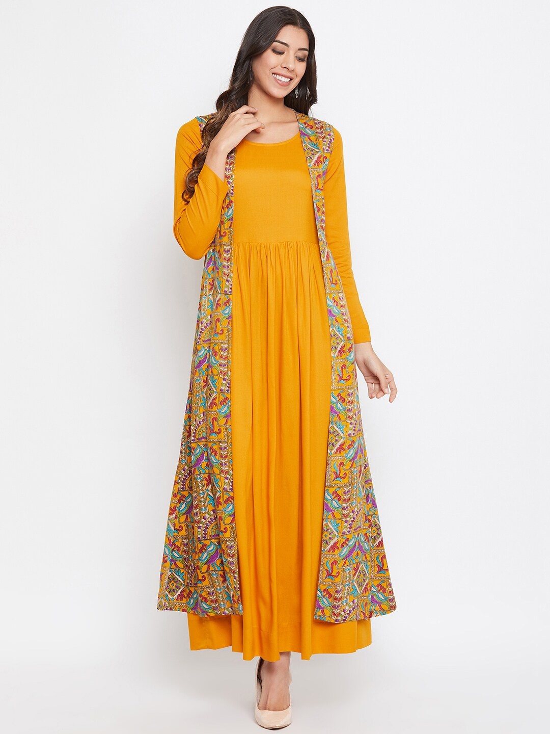 

HELLO DESIGN Floral Printed Flared Maxi Dress, Mustard