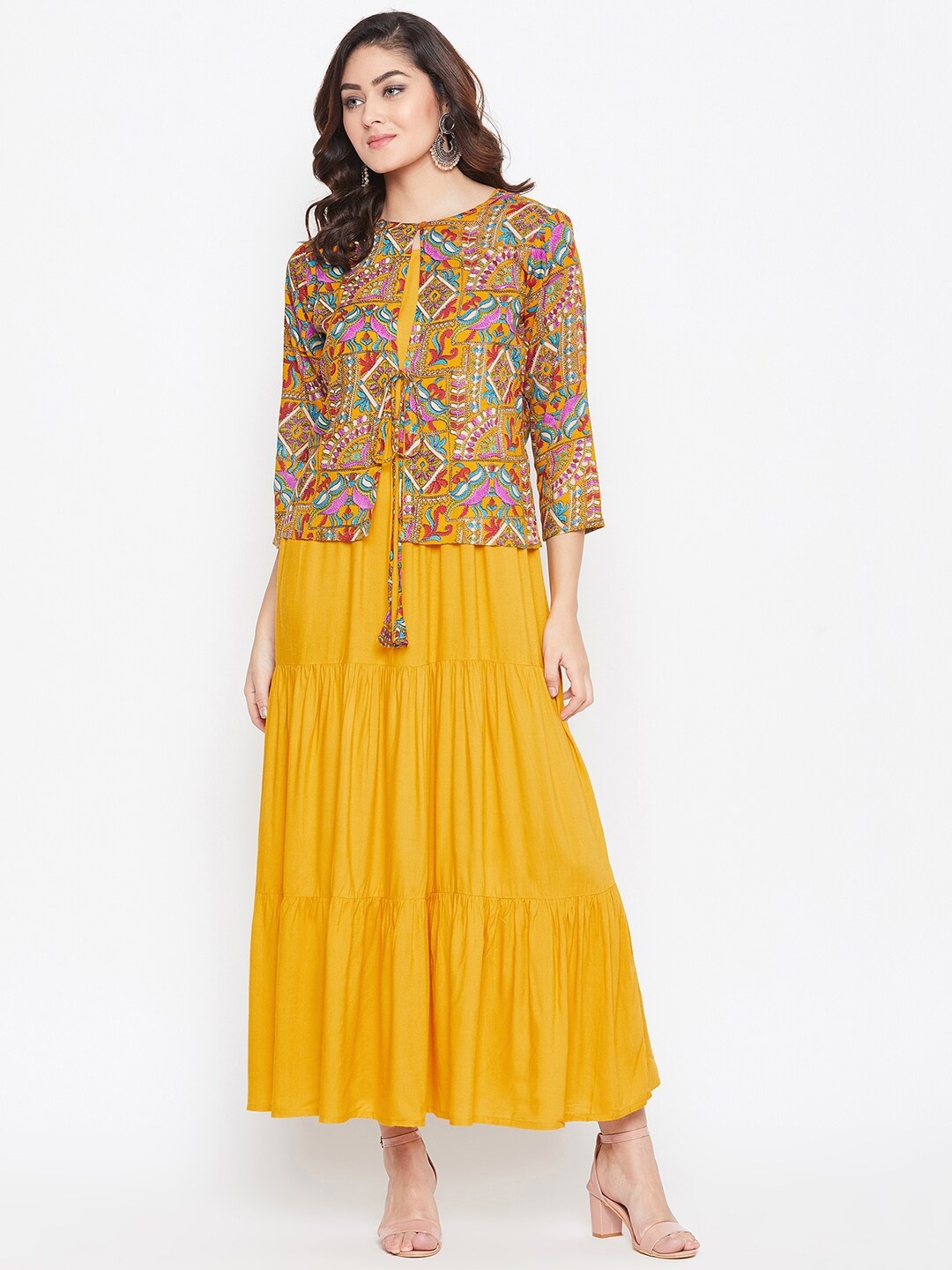 

HELLO DESIGN Floral Printed Flared Knitted Maxi Dress, Mustard