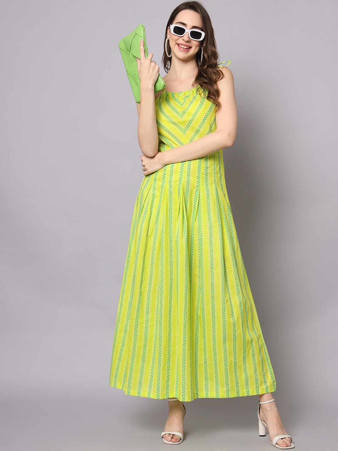 

HELLO DESIGN Striped Cotton Shoulder Flared Straps Maxi Dress, Green