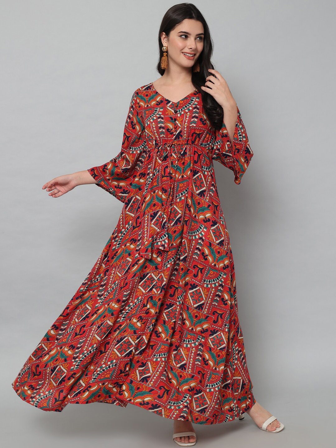 

HELLO DESIGN Ethnic Motifs Printed V-Neck Flared Bell Sleeve Maxi Dress, Maroon