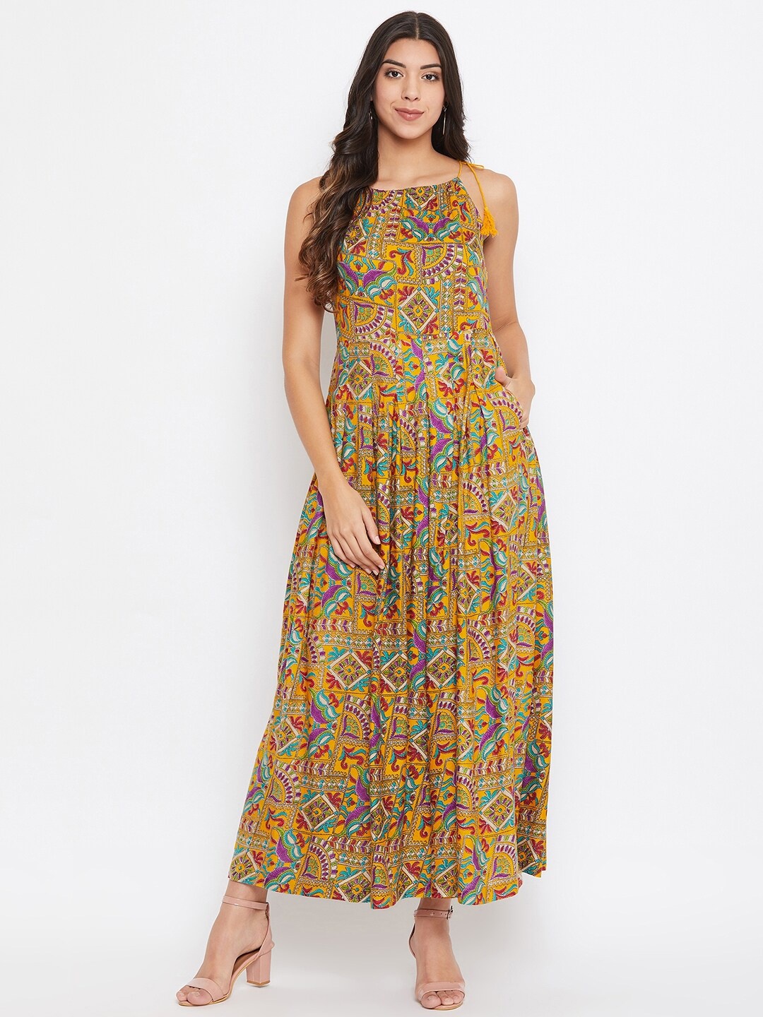 

HELLO DESIGN Floral Printed Shoulder Straps Flared Maxi Dress, Mustard
