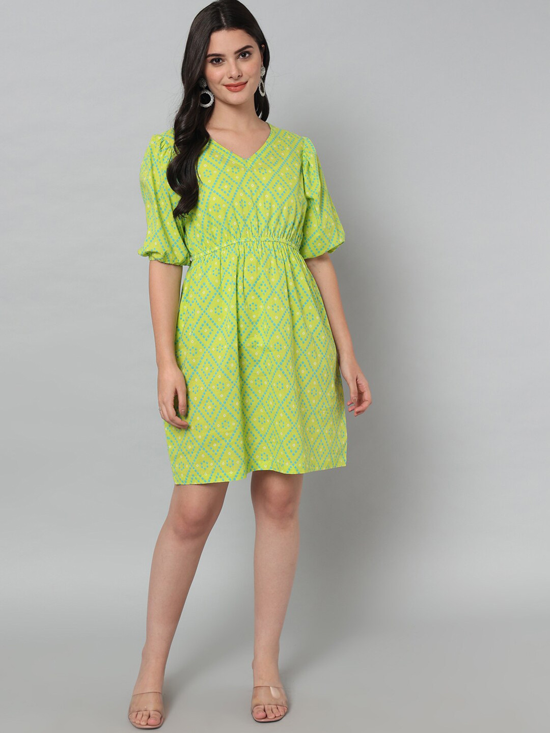 

HELLO DESIGN Floral Printed Cotton V-Neck Bell Sleeve Fit & Flare Dress, Green