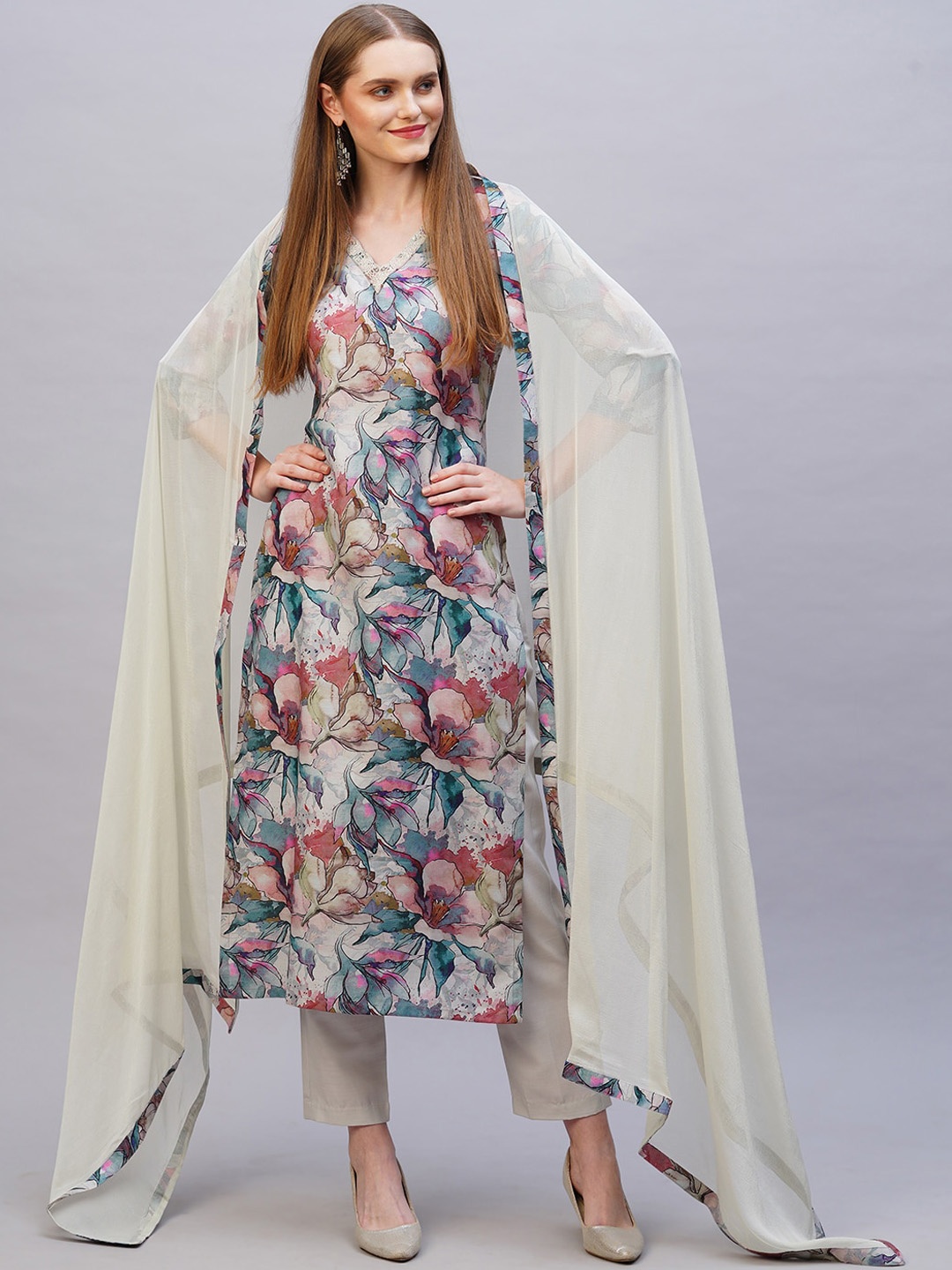 

KALINI Floral Printed Kurta with Trousers & Dupatta, Grey