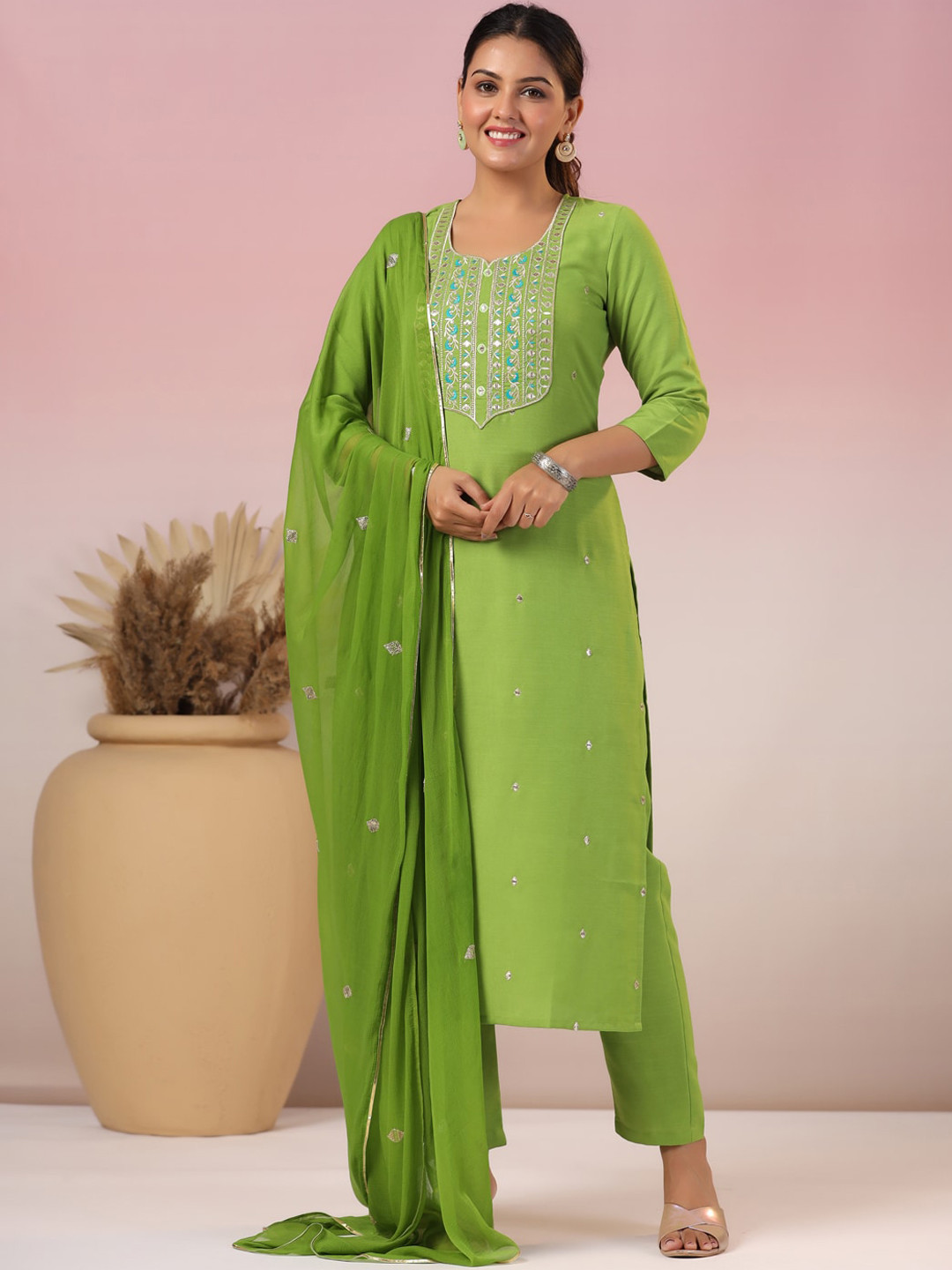 

KALINI Floral Yoke Design Regular Thread Work Kurta with Trousers & With Dupatta, Green