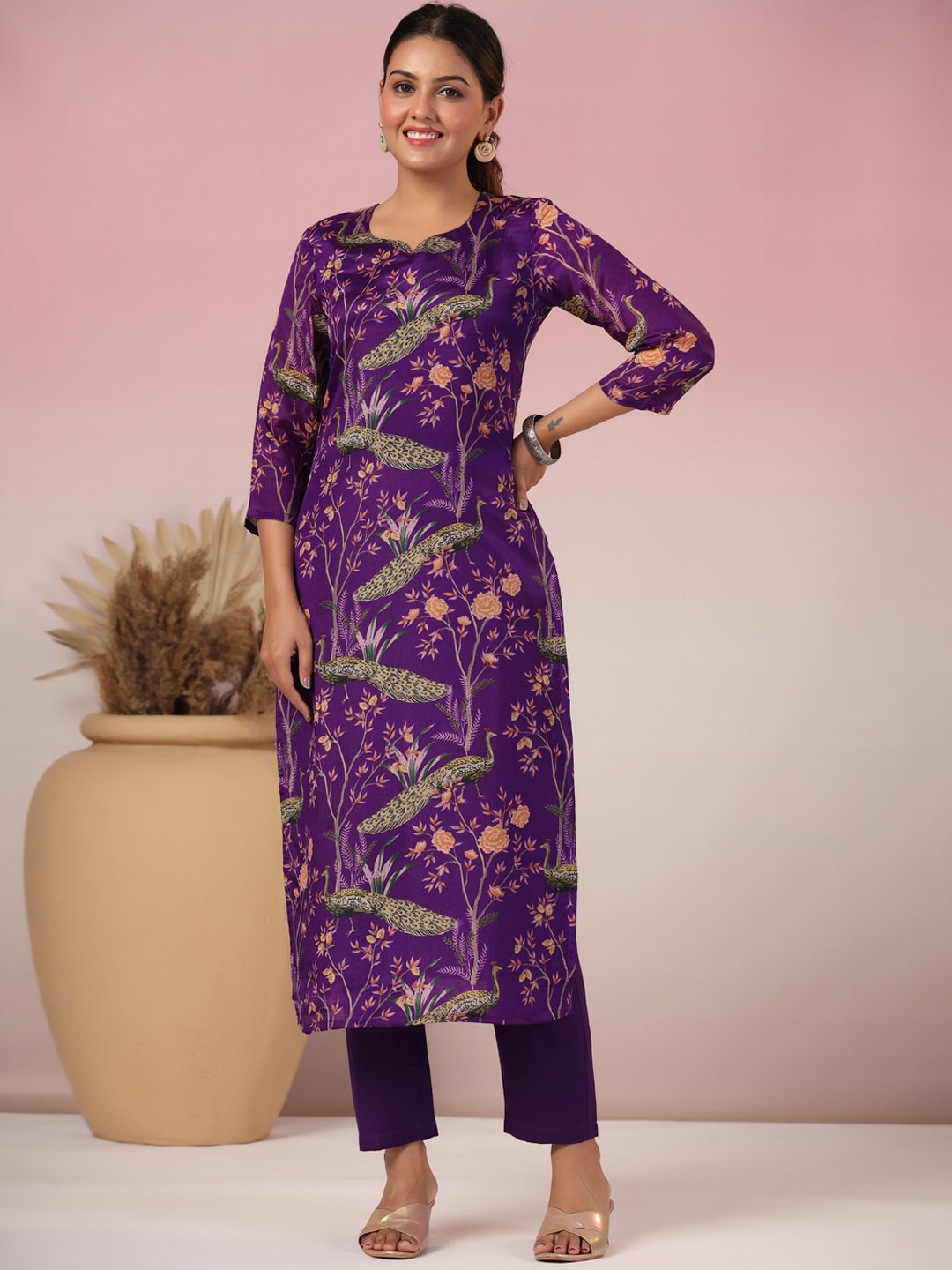 

KALINI Floral Printed Round Neck Sraight Kurta with Trousers & Dupatta, Purple