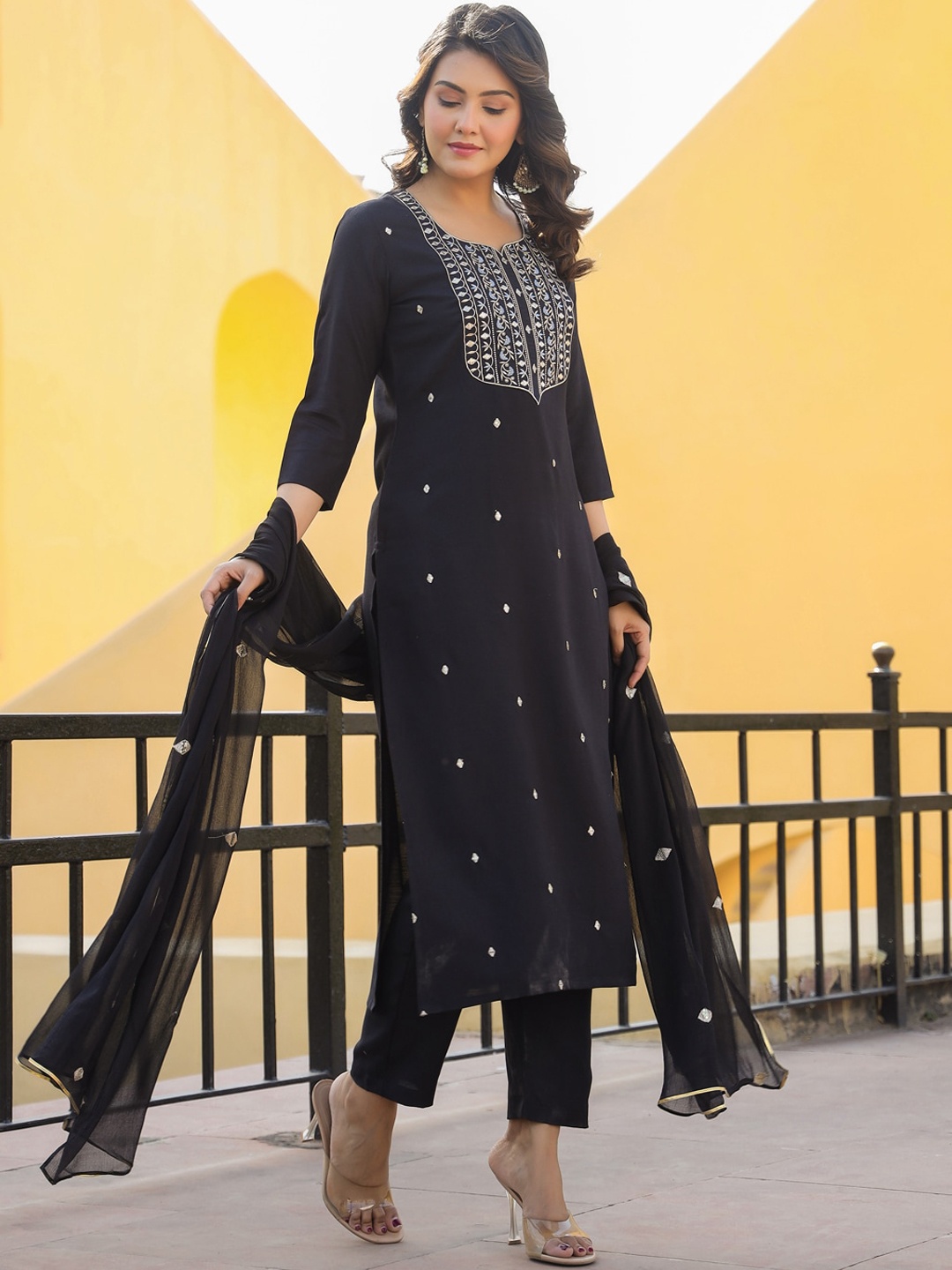 

KALINI Embroidered Straight Kurta with Trousers & With Dupatta, Black