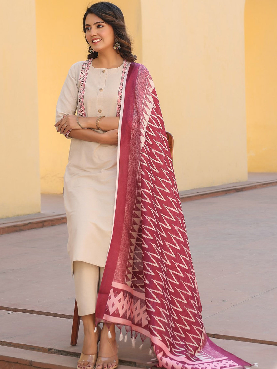

KALINI Floral Embroidered Straight Kurta with Trousers & Dupatta, Beige
