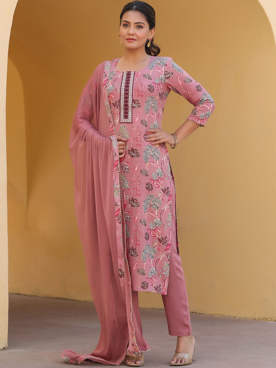 

KALINI Floral Printed Sequinned Straight Kurta with Trousers & Dupatta, Peach