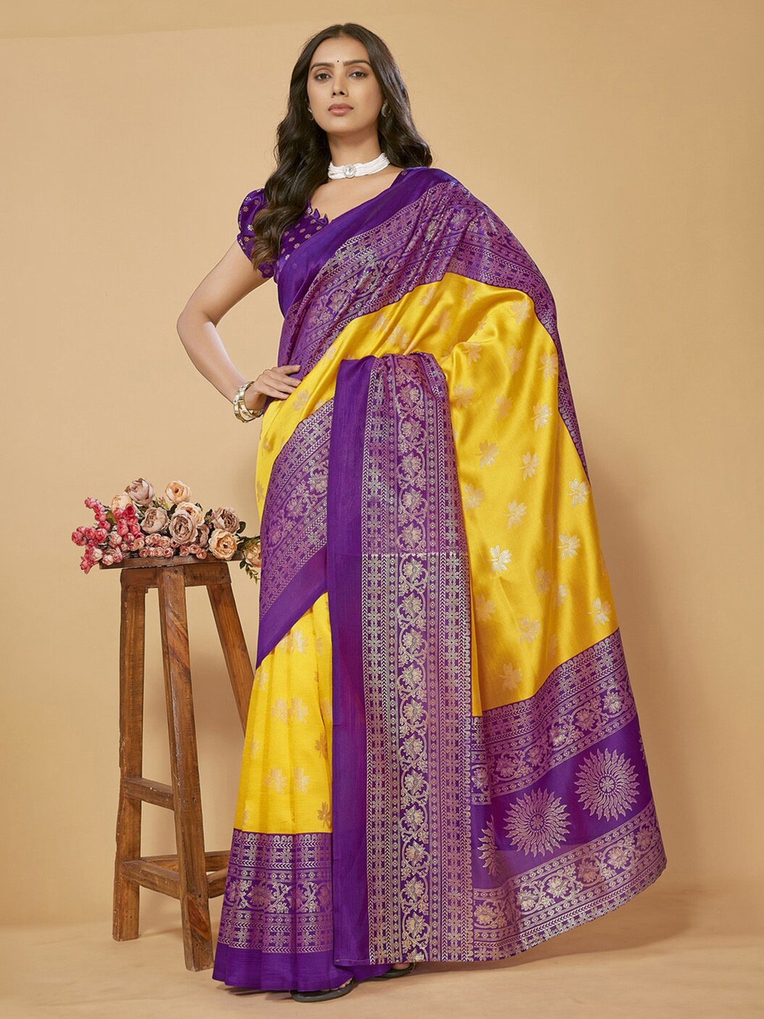 

SUNDARNAARI Floral Woven Design Zari Mysore Silk Saree, Yellow