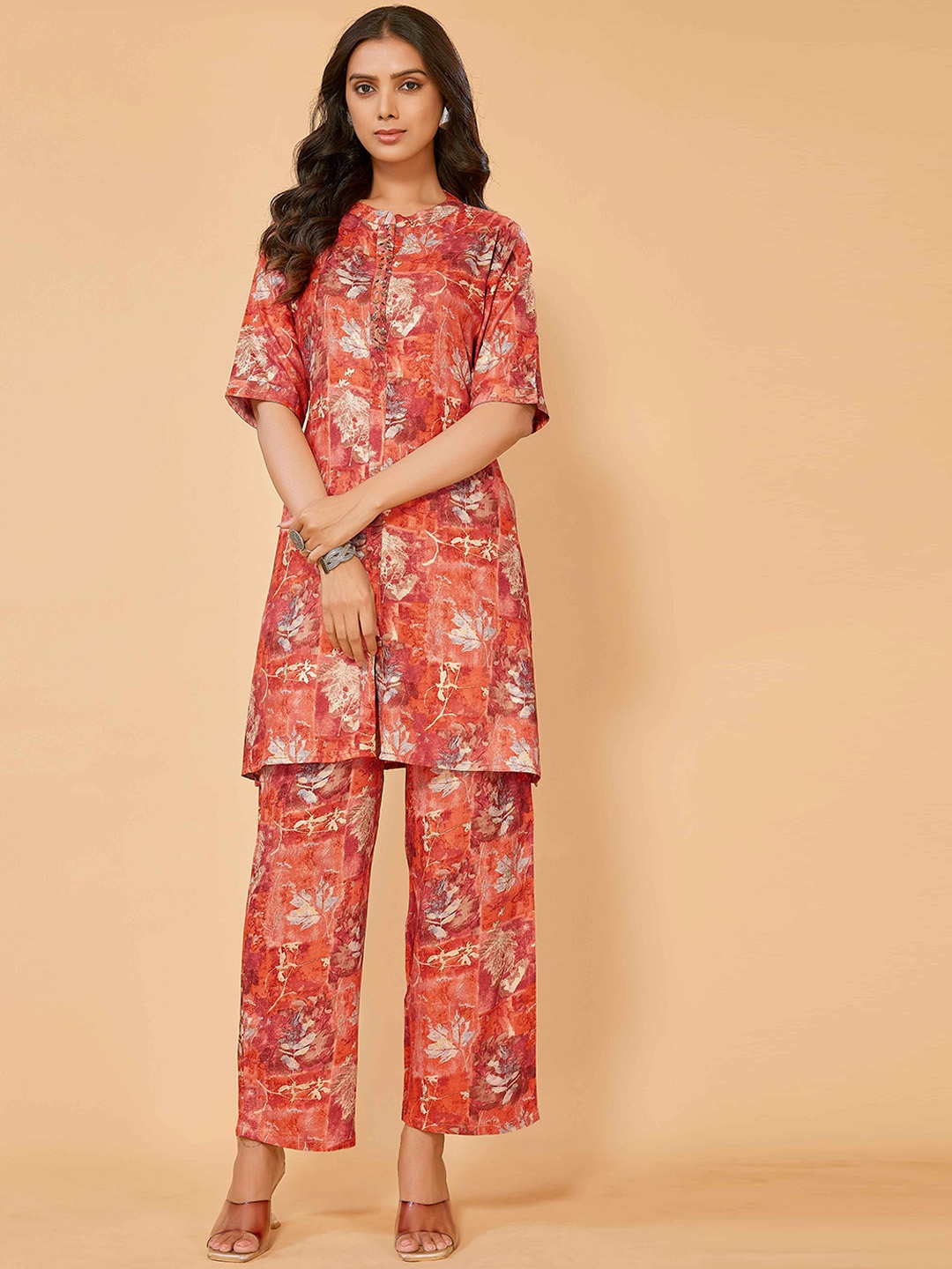 

SUNDARNAARI Printed Longline Tunic With Trouser, Orange