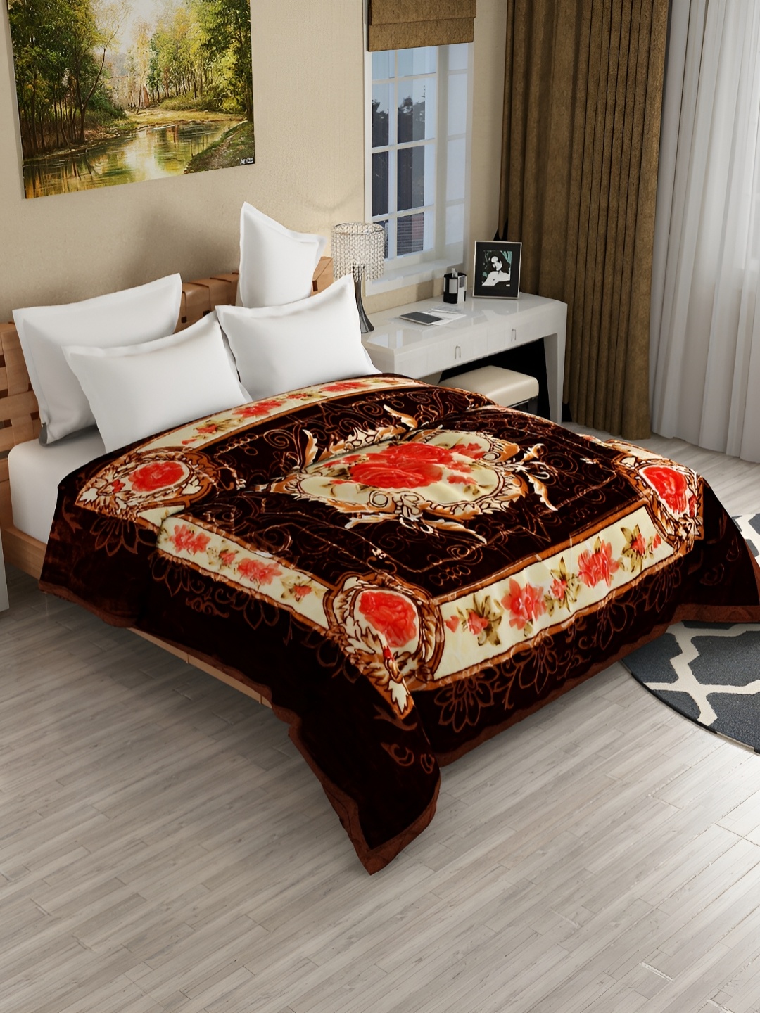 

WINSTON HOME Beige & Red Floral Printed Microfiber Heavy Winter 600 GSM Double Bed Blanket