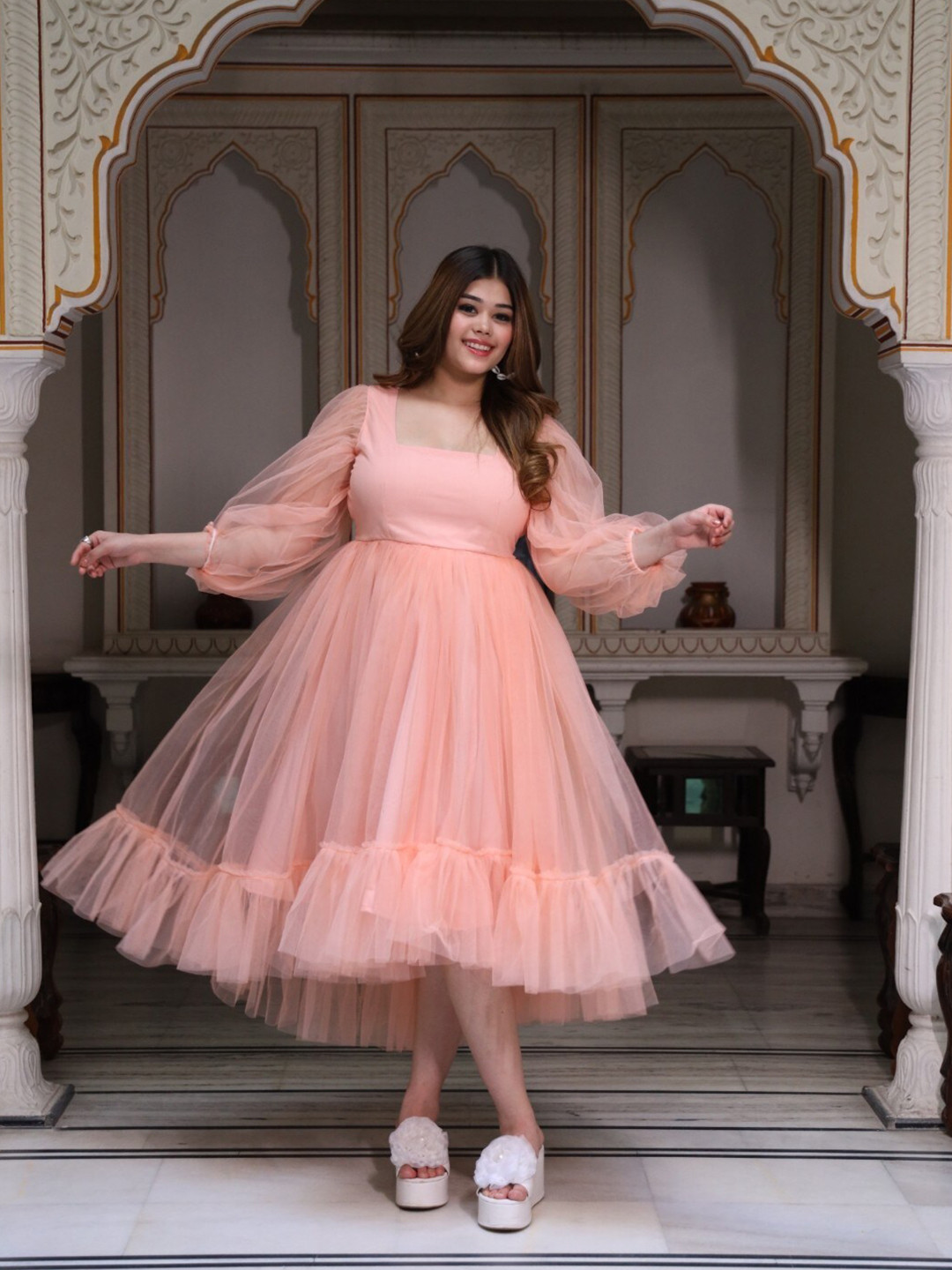 

Swadeshi Shringaar Square Neck Puff Sleeves Gathered Tulle Fit & Flared Midi Dress, Peach