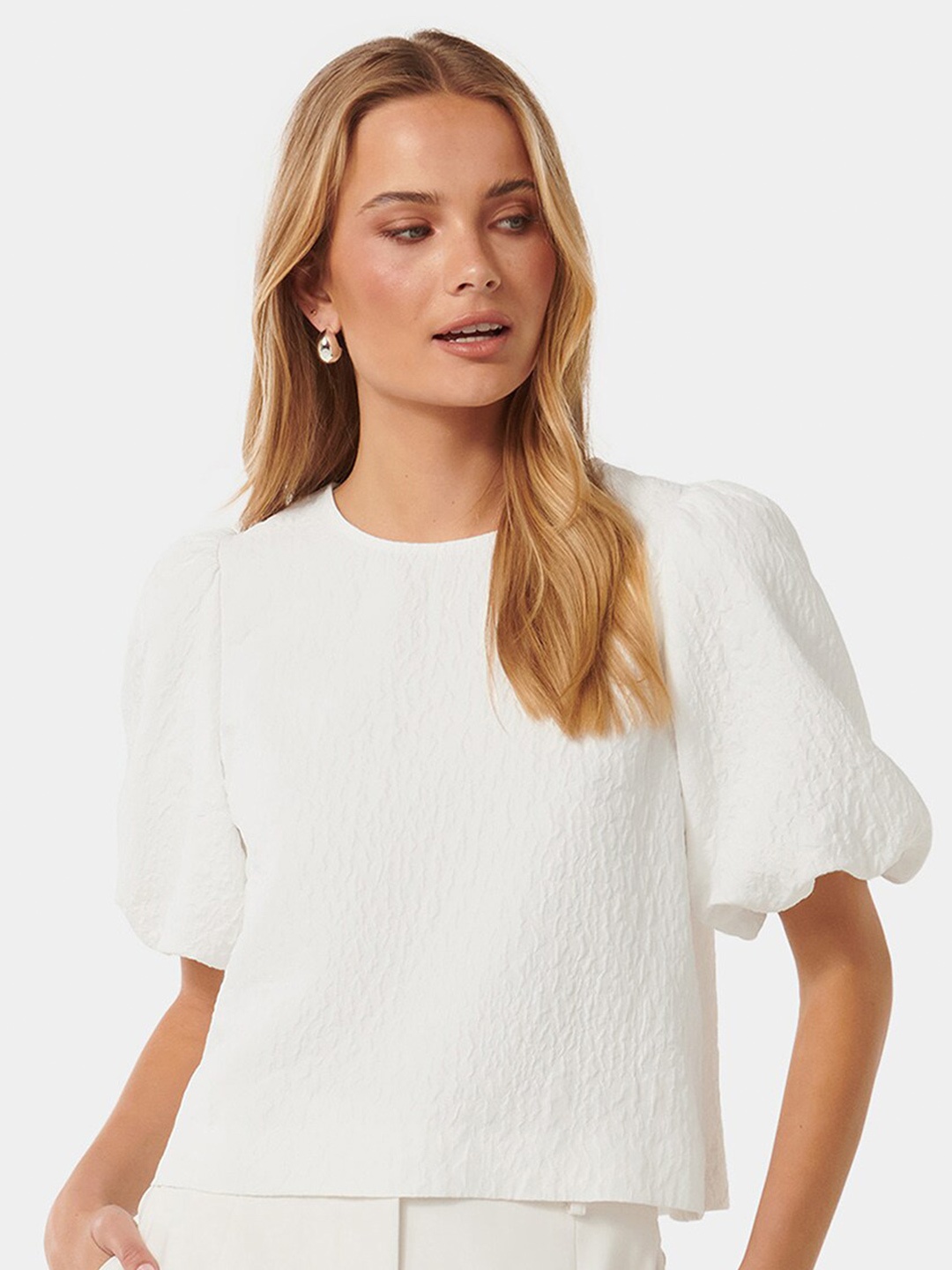 

Forever New Self Design Puff Sleeve Top, White