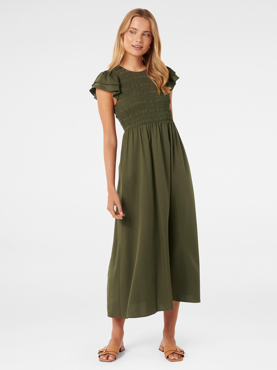

Forever New Round Neck Flutter Sleeves Smocked Maxi Dress, Green