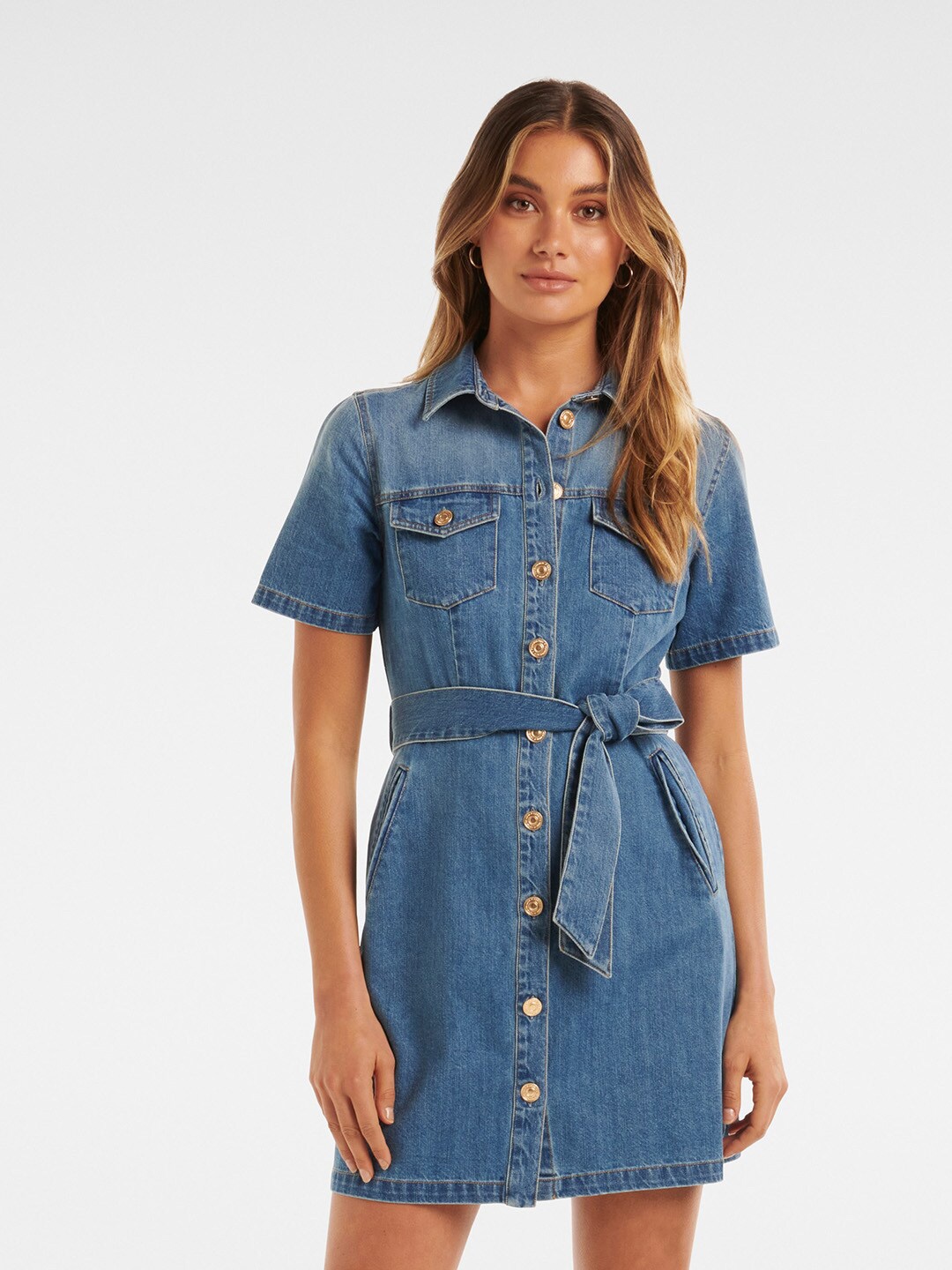 

Forever New Short Sleeves Cotton Shirt Dress, Blue