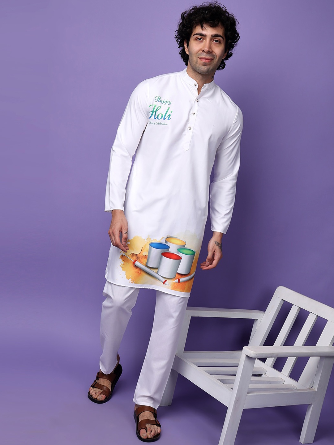 

Hangup Holi Printed Band Collar Straight Kurta With Pyjama, Off white