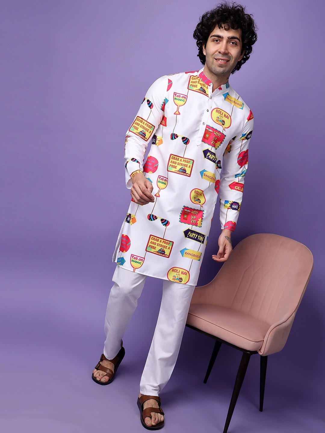 

Hangup Holi Printed Straight Kurta with Pyjamas, White