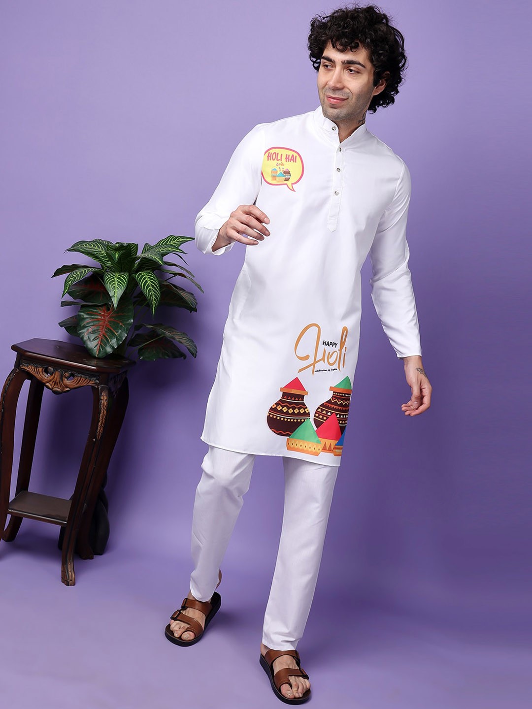 

Hangup Holi Printed Straight Kurta with Pyjamas, Off white