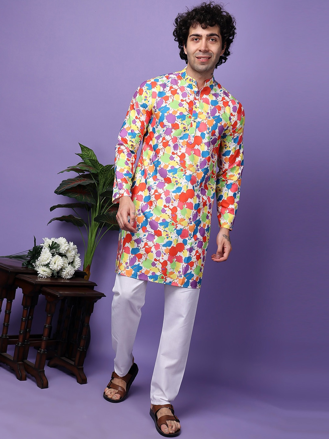 

Hangup Holi Printed Straight Kurta with Pyjamas, White