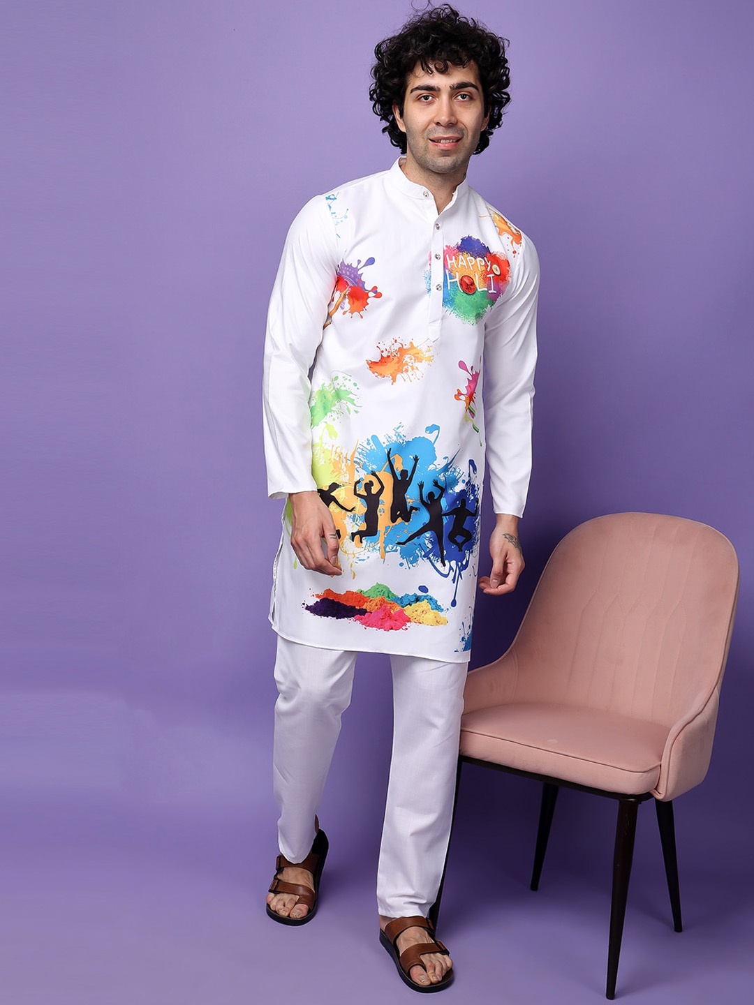 

Hangup Holi Printed Straight Kurta with Pyjamas, White