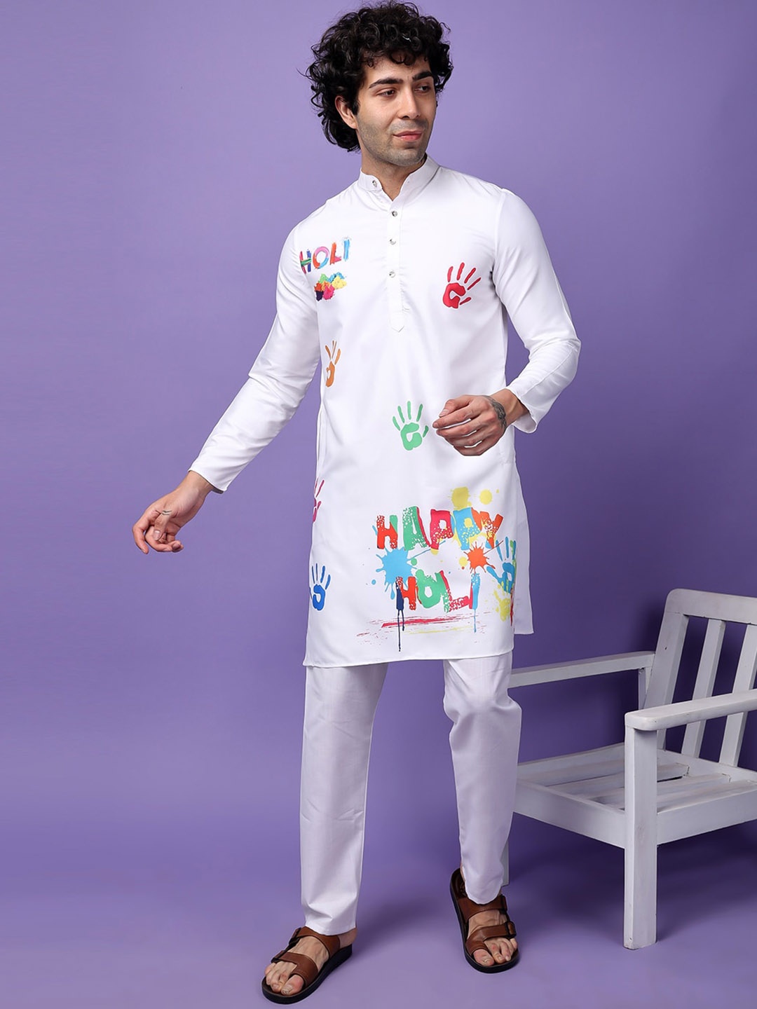 

Hangup Holi Printed Straight Kurta with Pyjamas, White