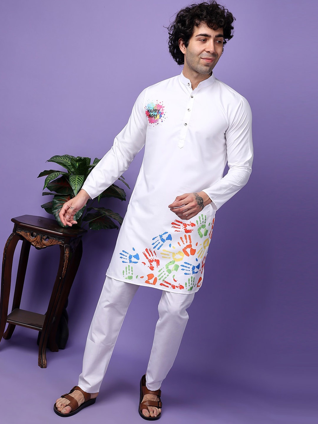 

Hangup Holi Printed Band Collar Straight Kurta With Pyjama, Off white