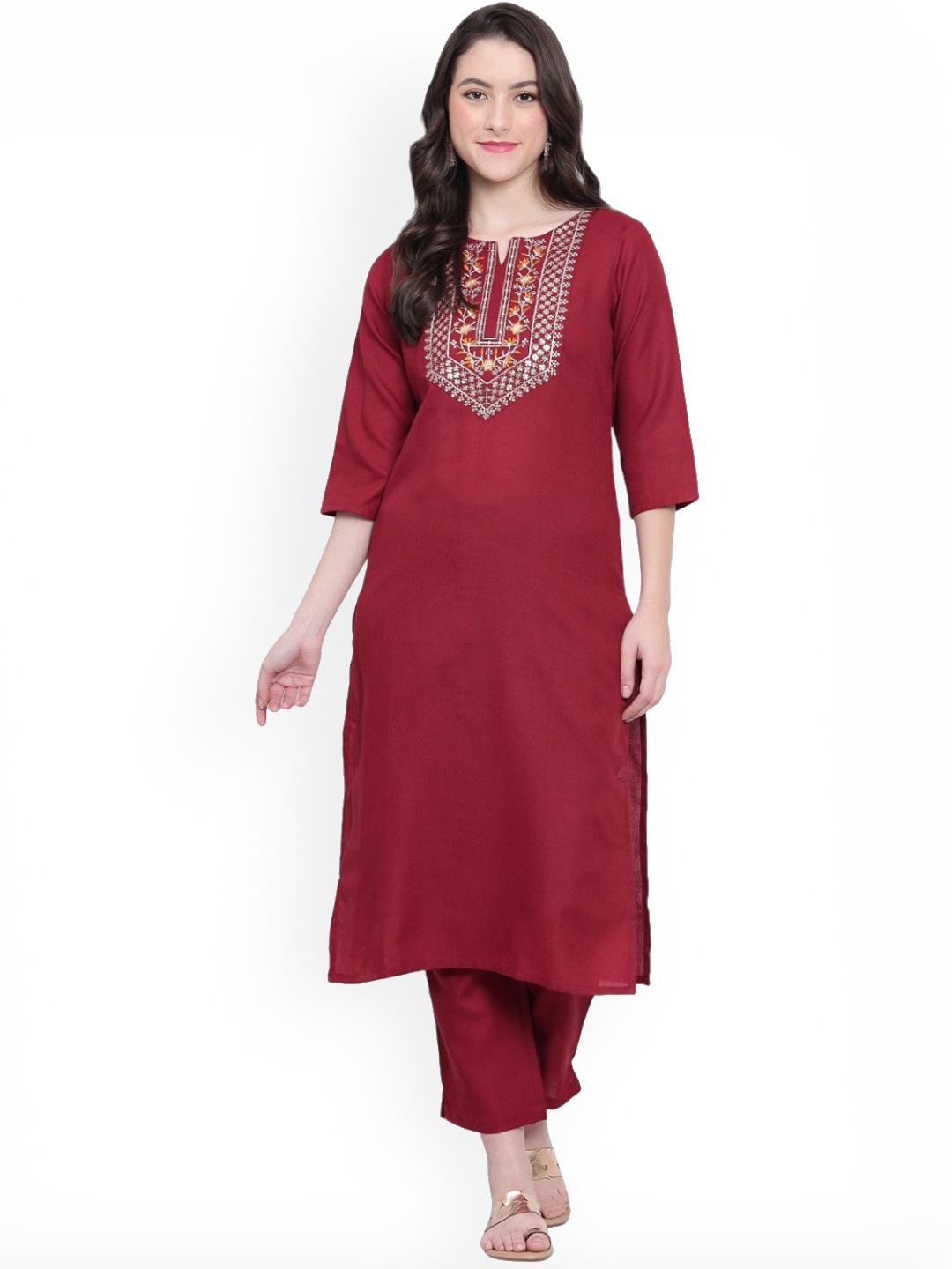 

Alakh Creation Floral Embroidered Sequinned Notched Neck Straight Kurta with Trouser, Maroon