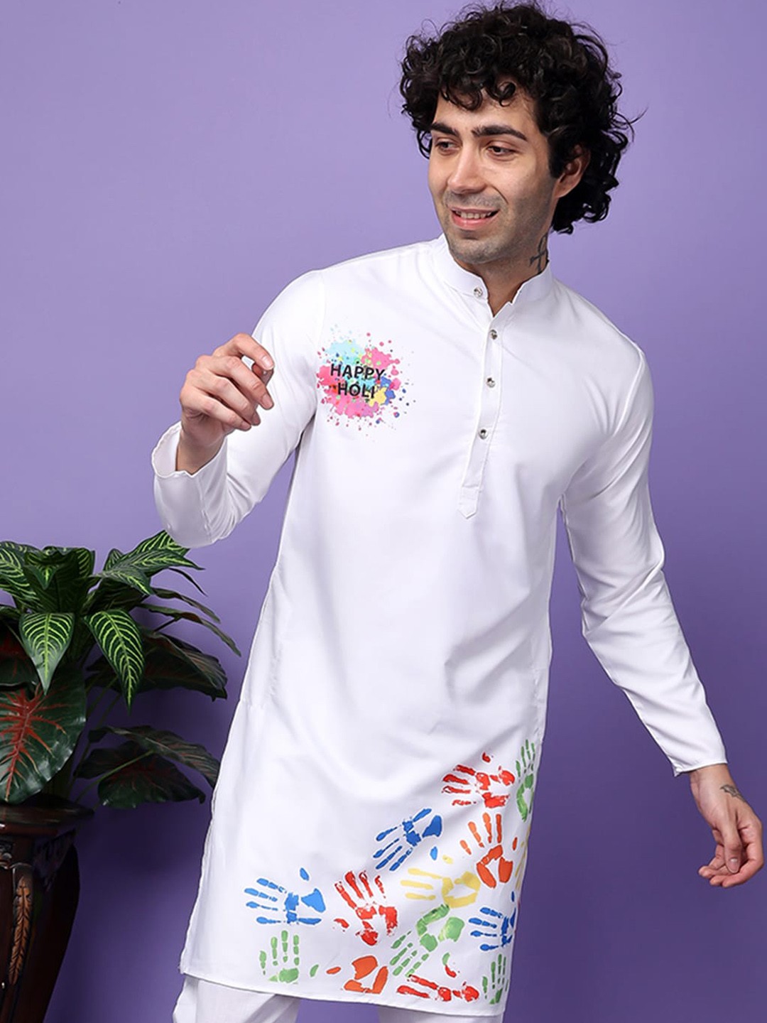 

Hangup Graphic Printed Mandarin Collar Straight Kurta, White