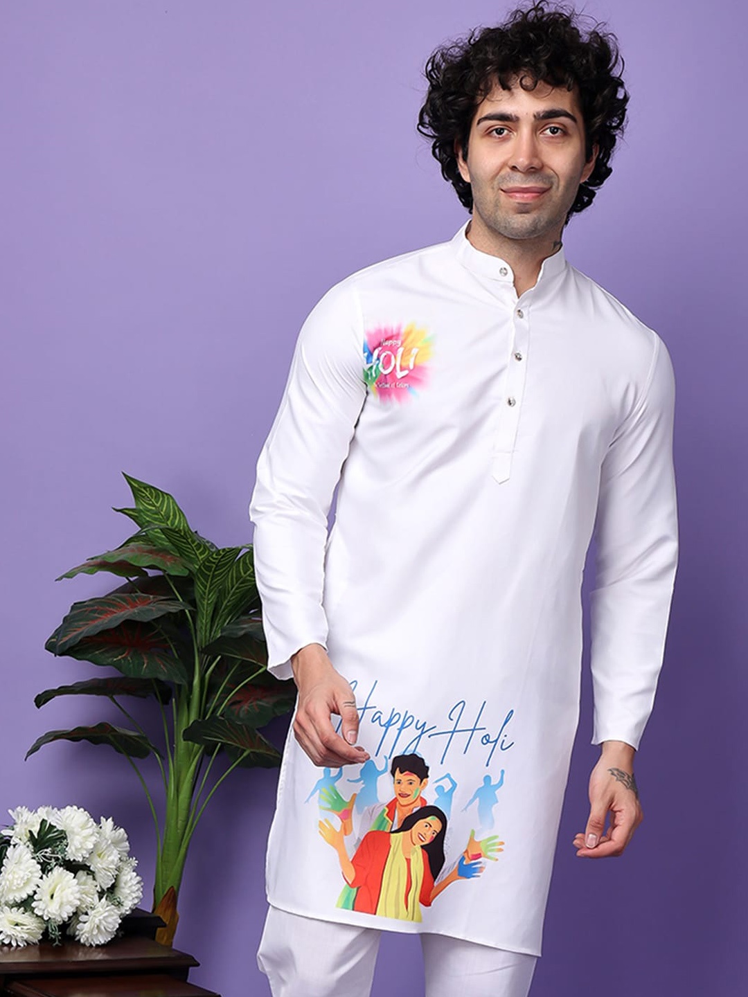 

Hangup Graphic Printed Mandarin Collar Straight Kurta, White