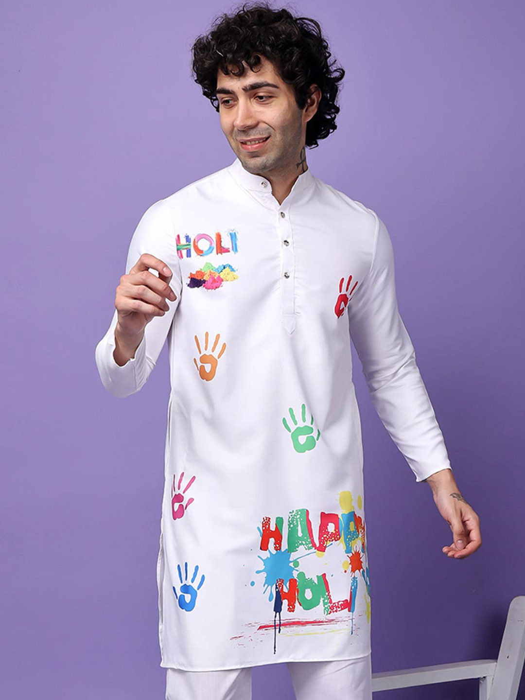 

Hangup Graphic Printed Mandarin Collar Straight Holi Kurta, White