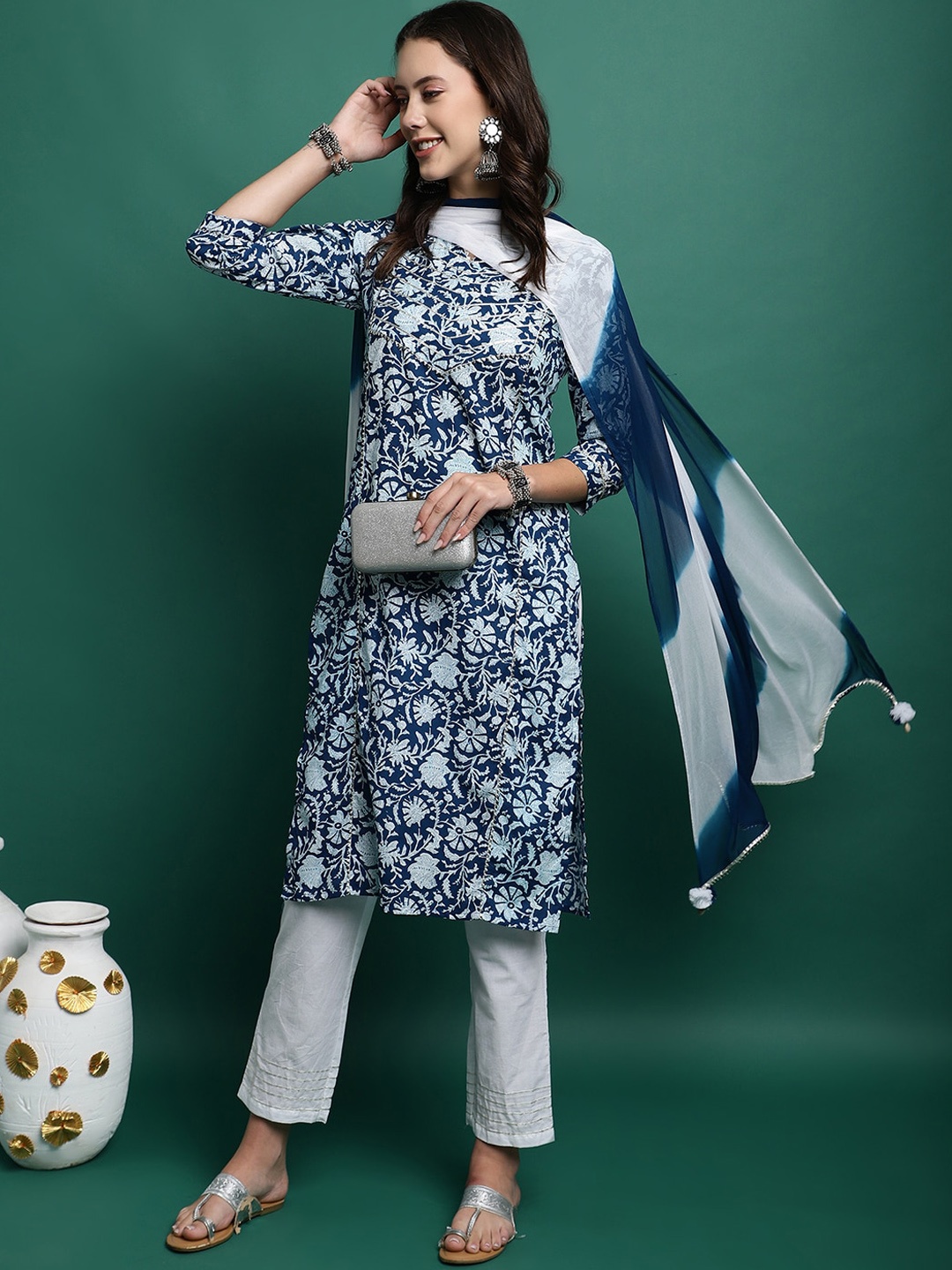 

Sangria Floral Printed Pure Cotton Straight Kurta With Trousers & Dupatta, Navy blue