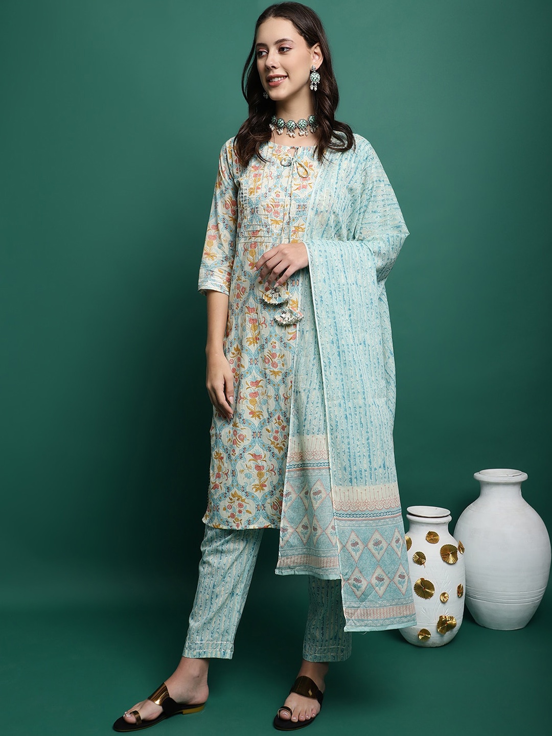 

Sangria Floral Printed Pure Cotton Straight Kurta With Trousers & Duppatta, Blue