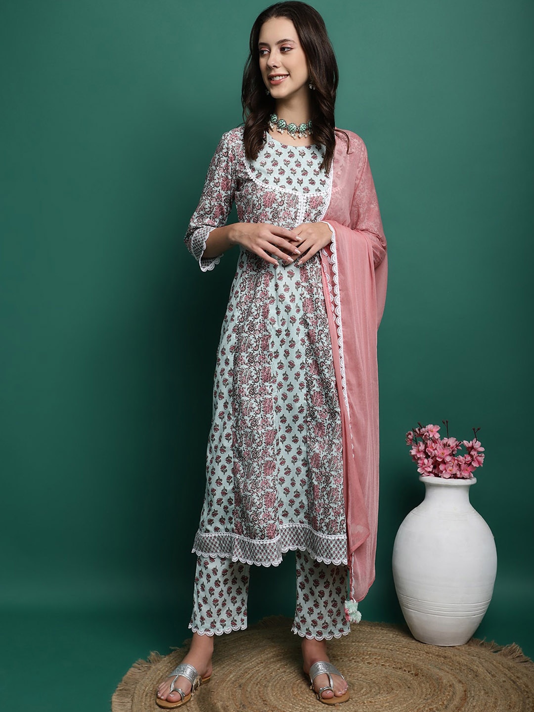 

Sangria Floral Printed Pure Cotton Anarkali Kurta With Trousers & Dupatta, Sea green