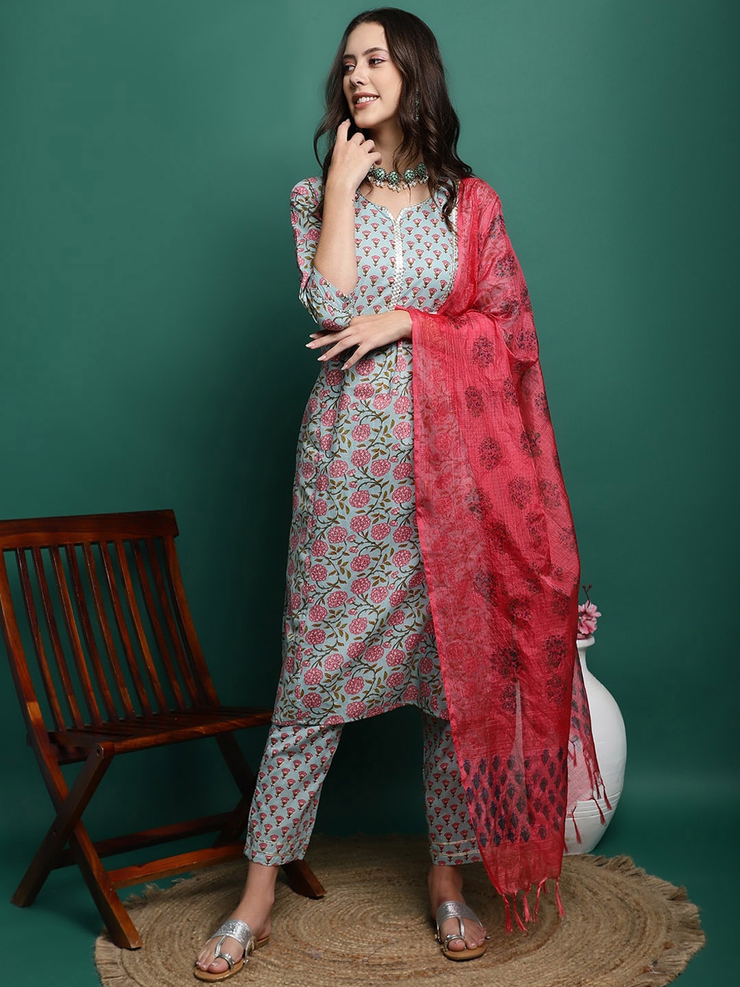 

Sangria Floral Printed Pure Cotton Straight Kurta With Trousers & Dupatta, Sea green