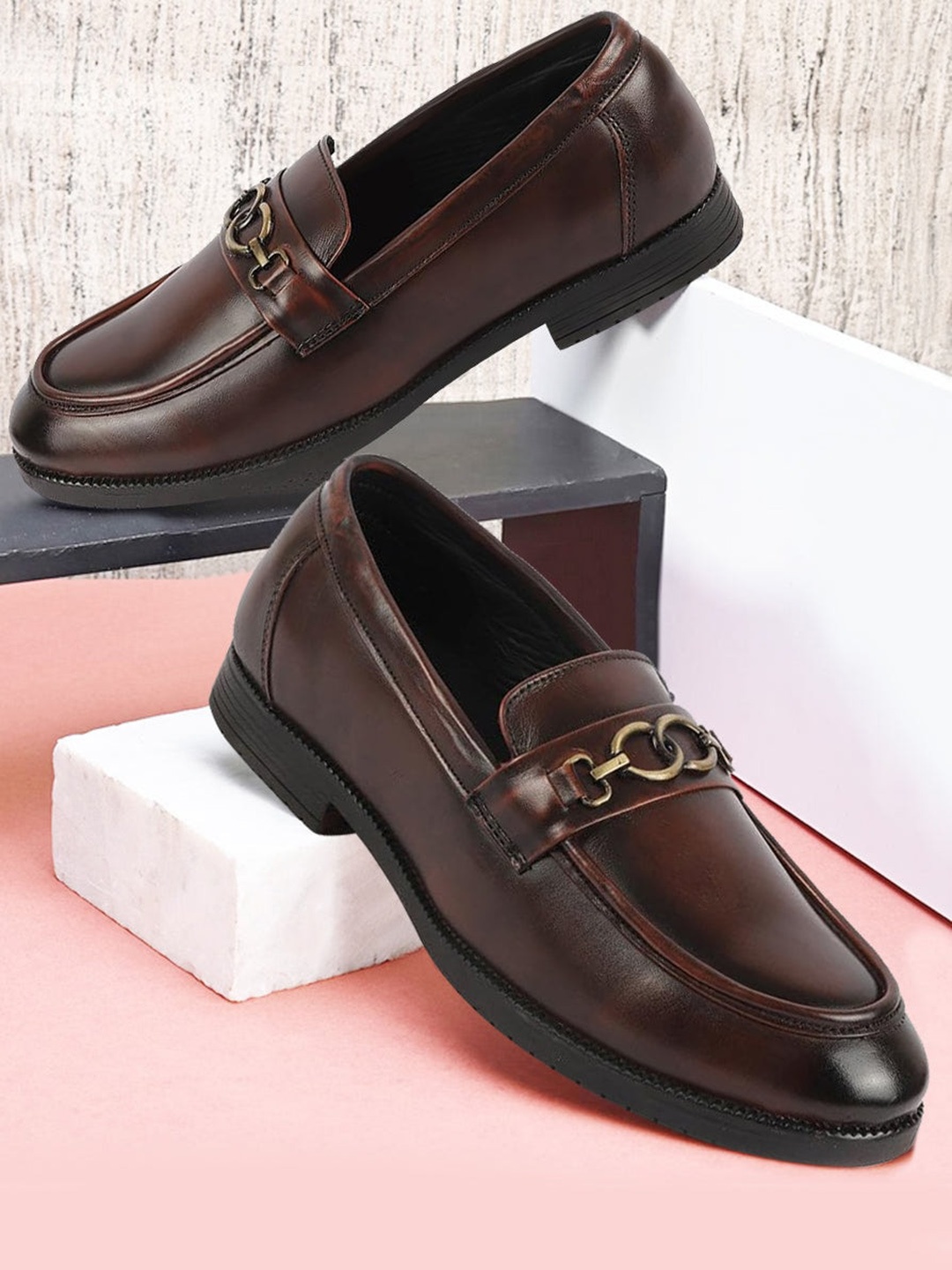 

FAUSTO Men Leather Slip-On Horsebit Loafers, Brown