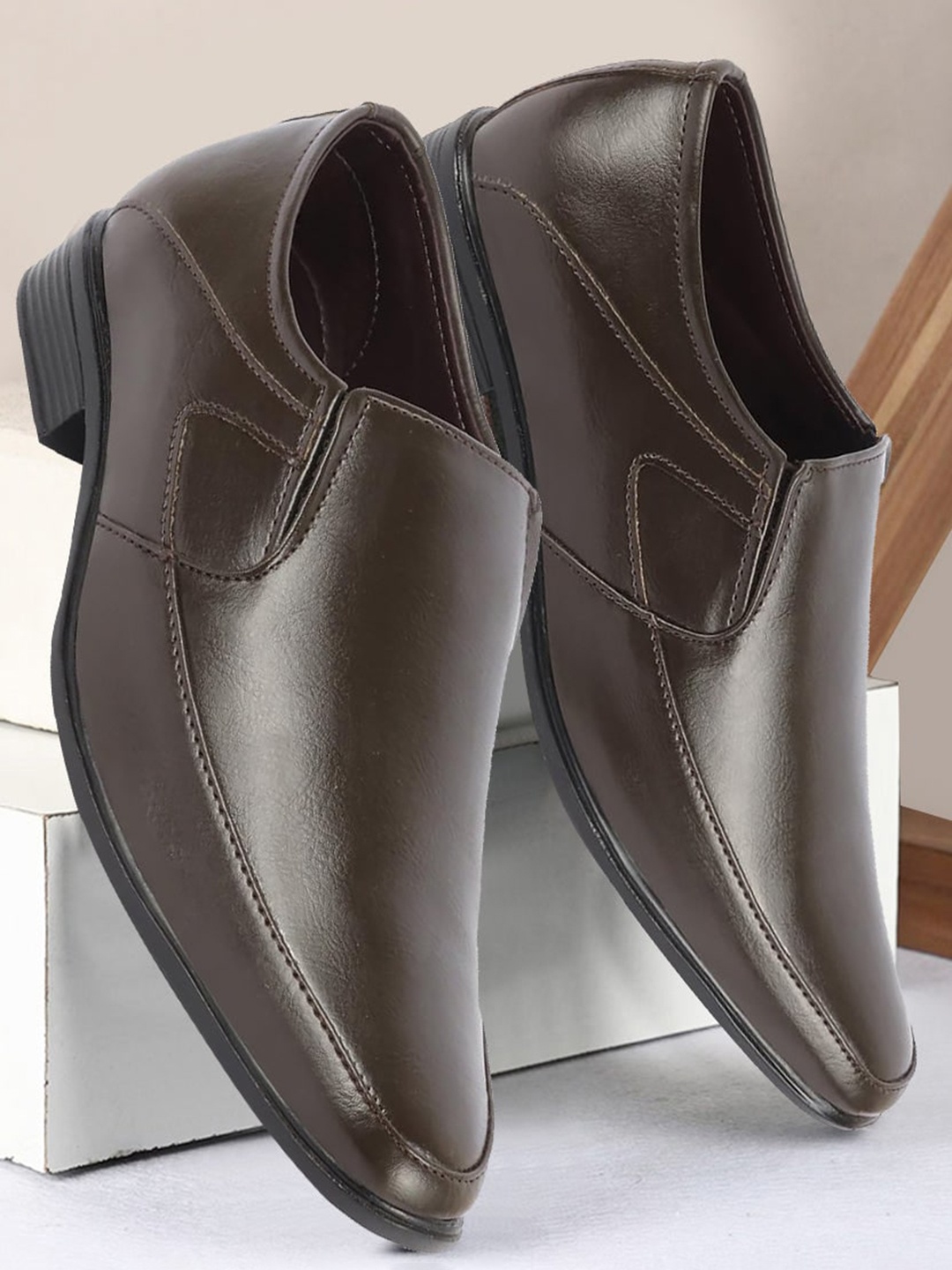 FAUSTO Men Pointed Toe Formal Slip-On Shoes, Brown