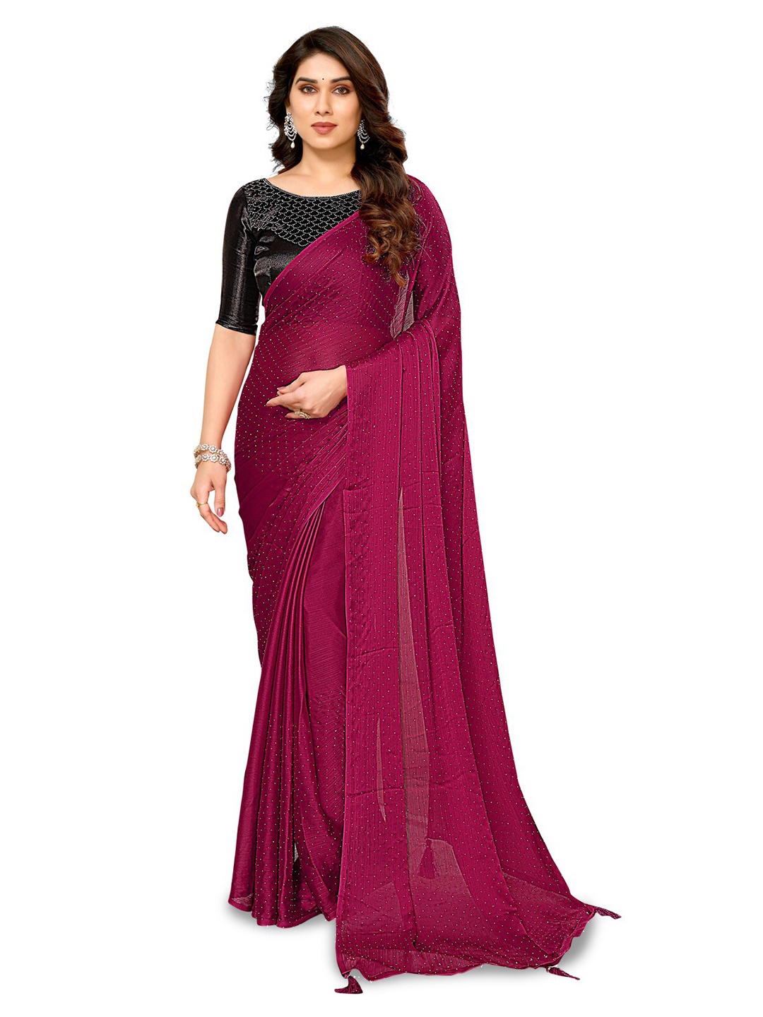 

REALLTREND Embellished Mukaish Pure Chiffon Heavy Work Saree, Pink