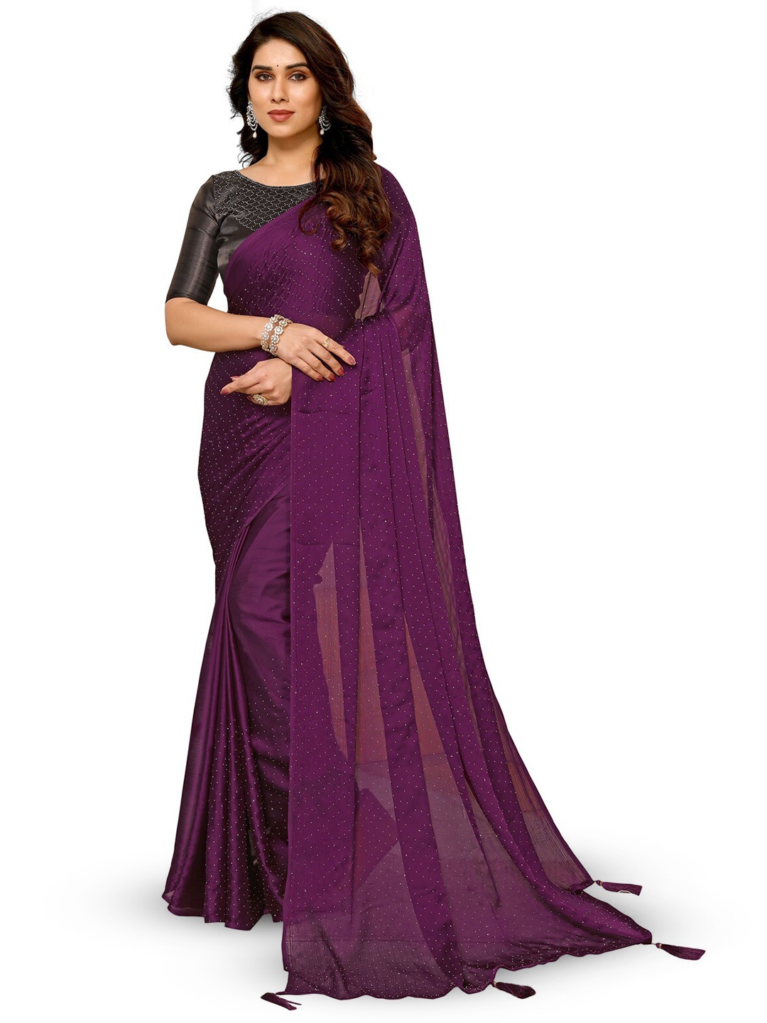 

REALLTREND Embellished Mukaish Pure Chiffon Heavy Work Saree, Purple