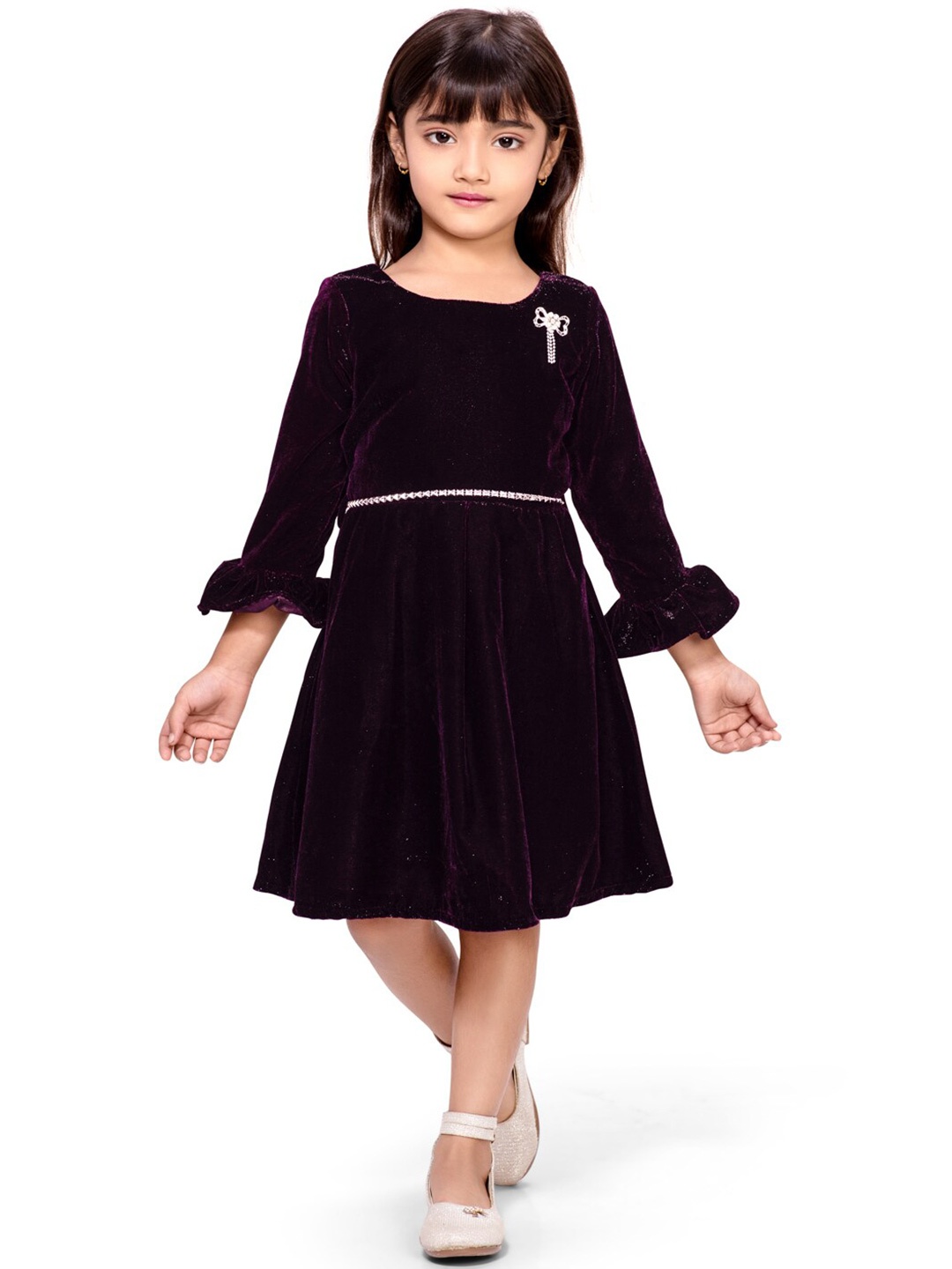 

Doodle Round Neck Cuffed Sleeves Velvet Fit & Flare Dress, Burgundy
