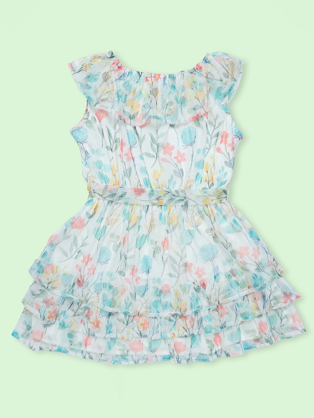 

Doodle Girls Floral Round Neck Print Ruffles Net Fit & Flare Dress, White