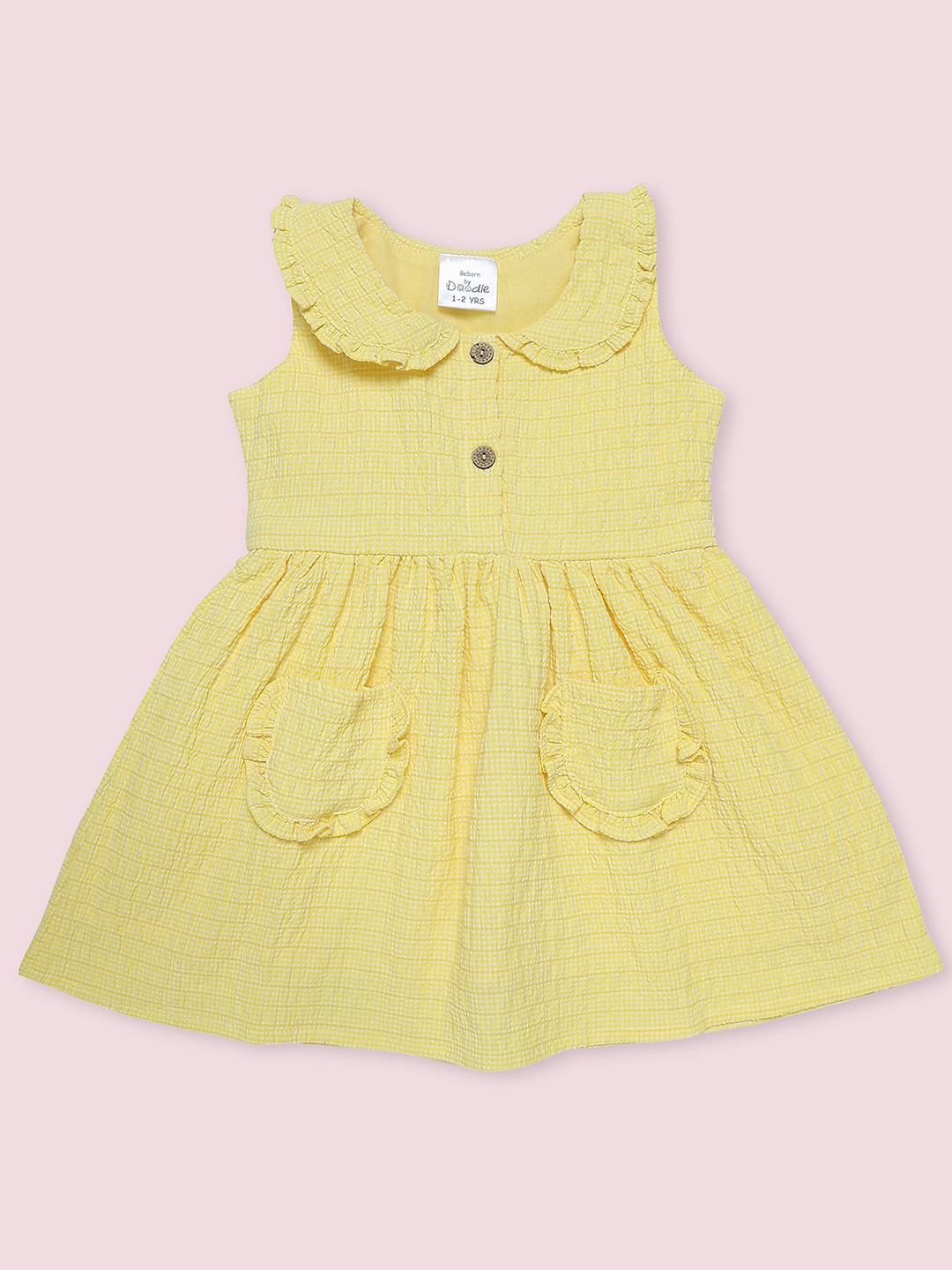 

Doodle Checked Peter Pan Collar Sleeveless Cotton Fit & Flare Dress, Yellow