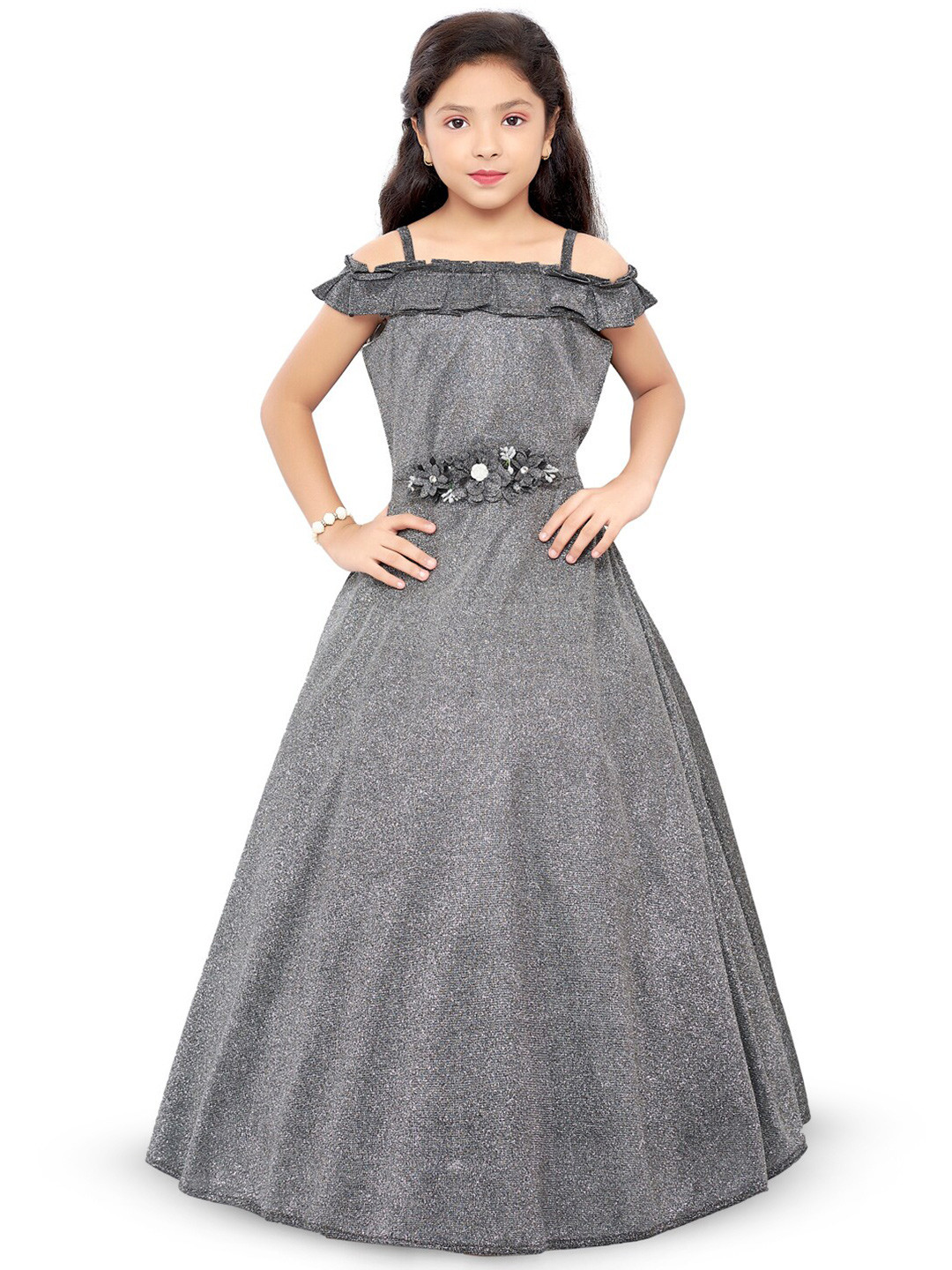 

Doodle Girls Printed Off-Shoulder Fit & Flare Maxi Dress, Grey