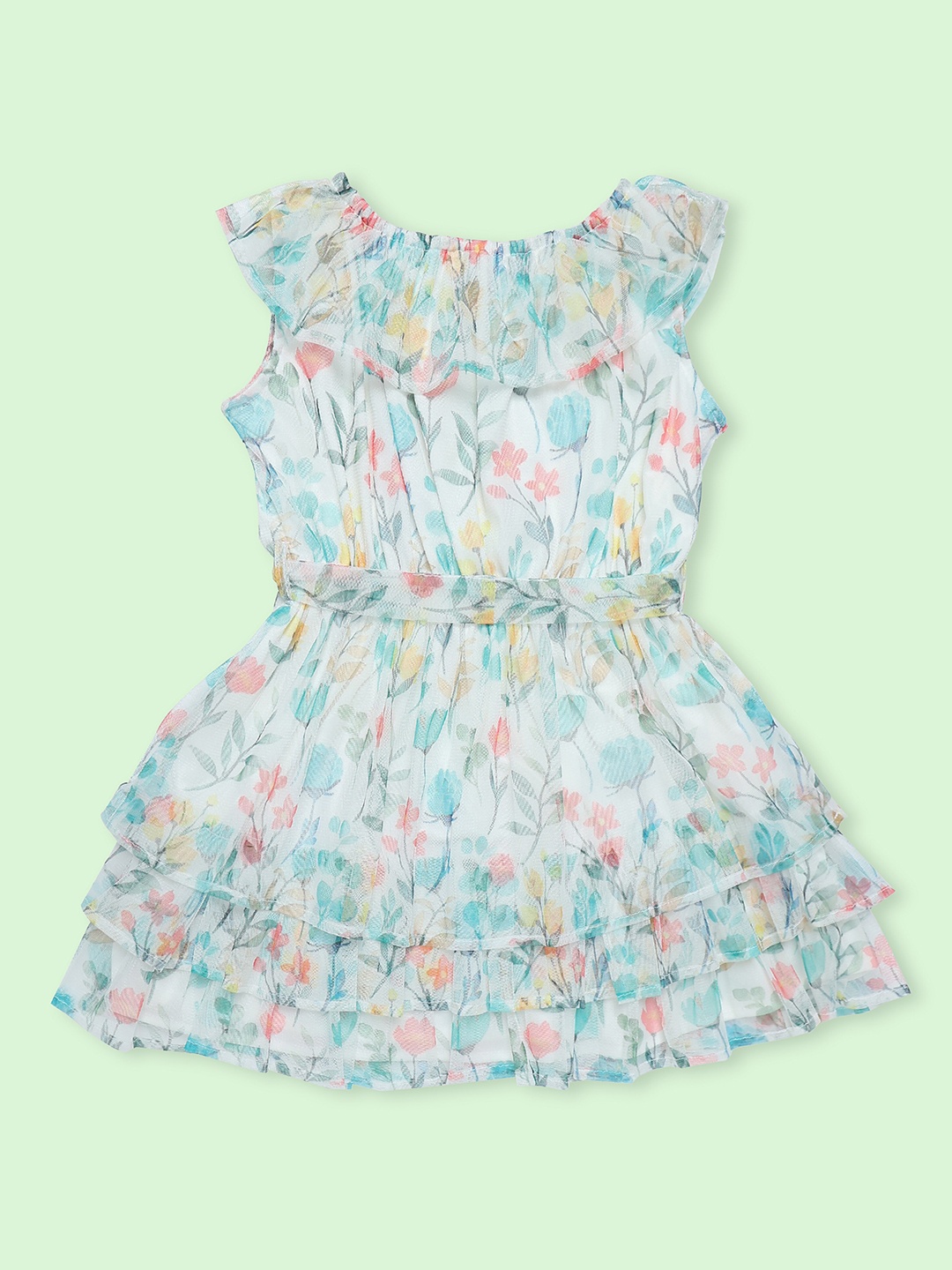 

Doodle Girls Floral Round Neck Print Ruffles Net Fit & Flare Dress, White
