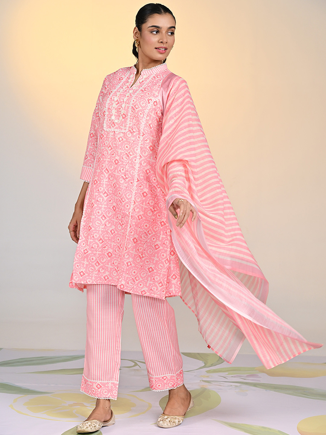 

Lakshita Ethnic Motifs Printed Thread Work Straight Kurta with Trousers & Dupatta, Coral