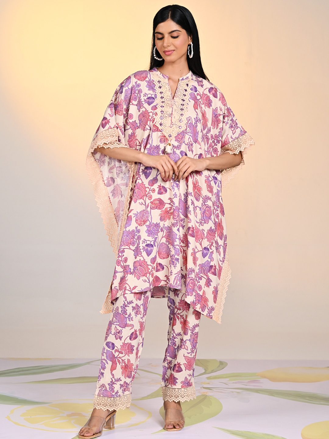 

Lakshita Floral Printed Straight Mandarin Collar Kaftan Kurta With Trouser, Mauve