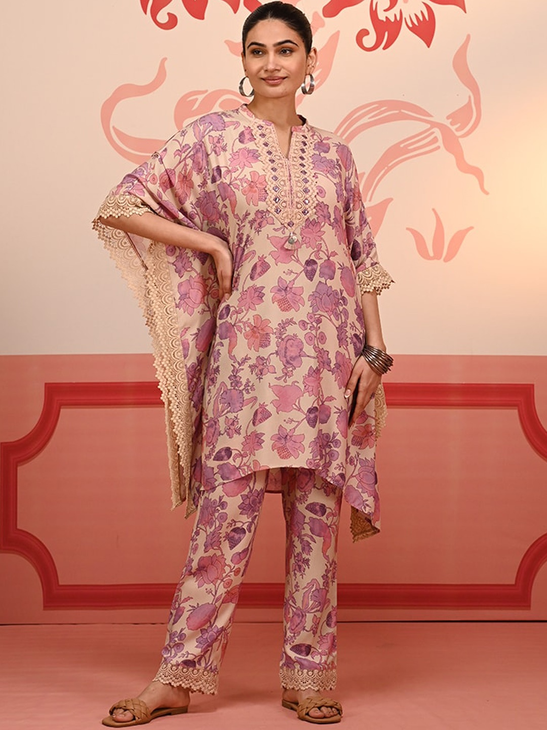 

Lakshita Floral Printed Mirror Work Mandarin Collar Kaftan Kurta With Trousers, Pink