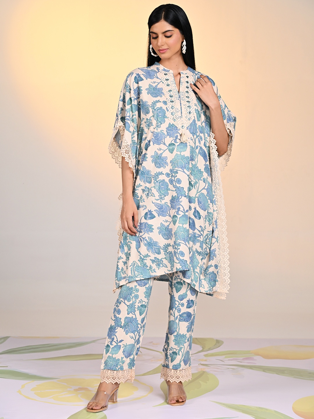 

Lakshita Floral Printed Mirror Work Mandarin Collar Kaftan Kurta With Trousers, Blue