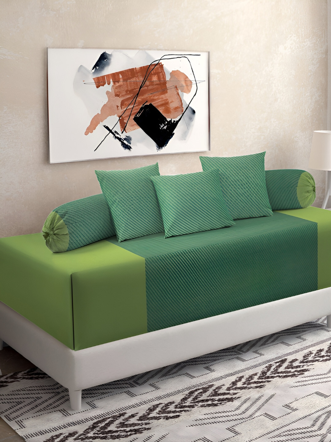 

KLOTTHE Green 6 Pieces Striped Woven-Design Pure Cotton Diwan Set