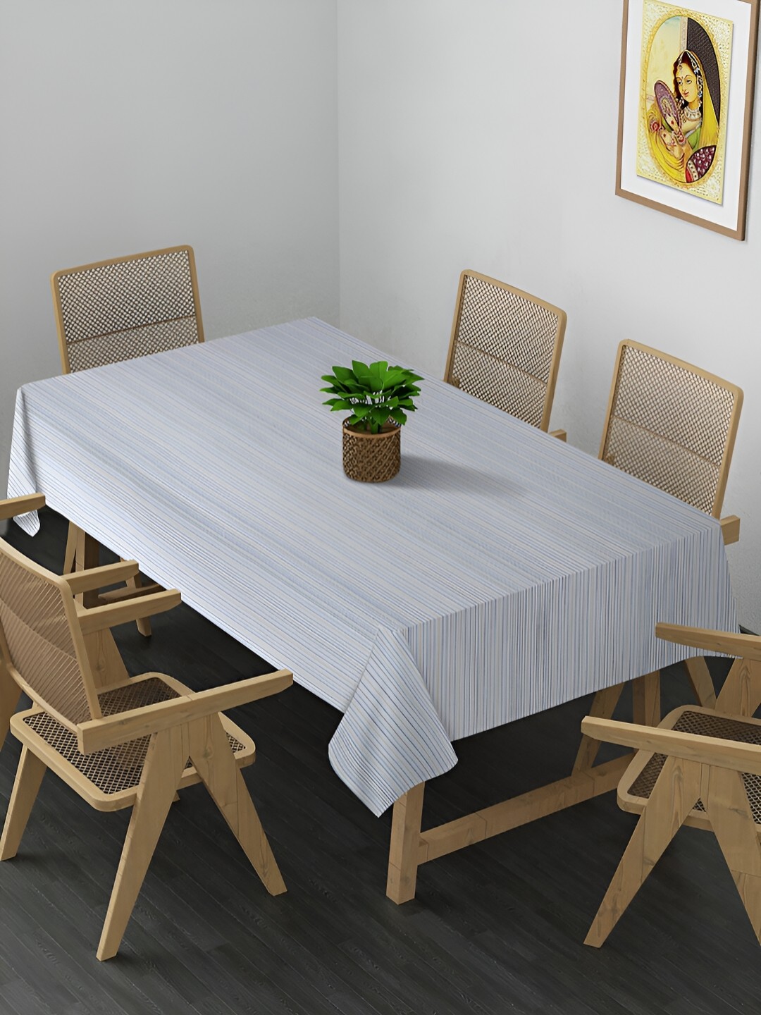 

KLOTTHE White Striped Cotton 6-Seater Table Cover with Embellished details